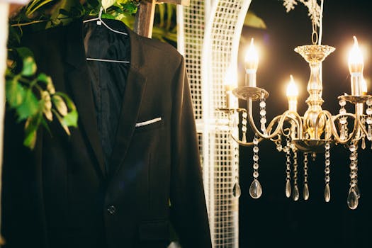 A sophisticated black suit on a hanger next to a glowing chandelier.