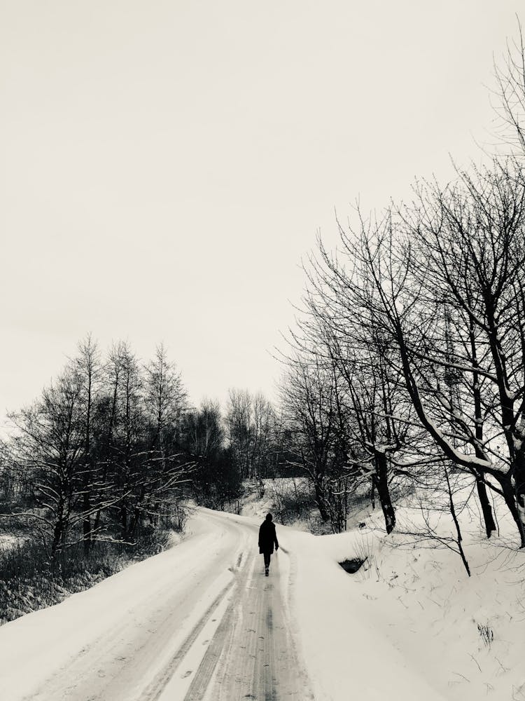 Woman Walking On Road In Snow