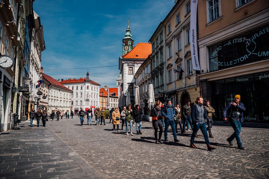 Group enjoying a walking tour in a historic European city