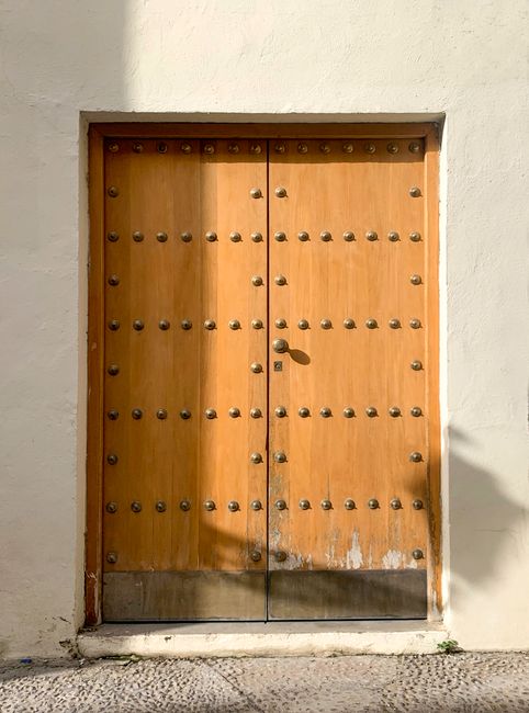 Classic wooden door with metal accents on a textured beige wall, bathed in sunlight.