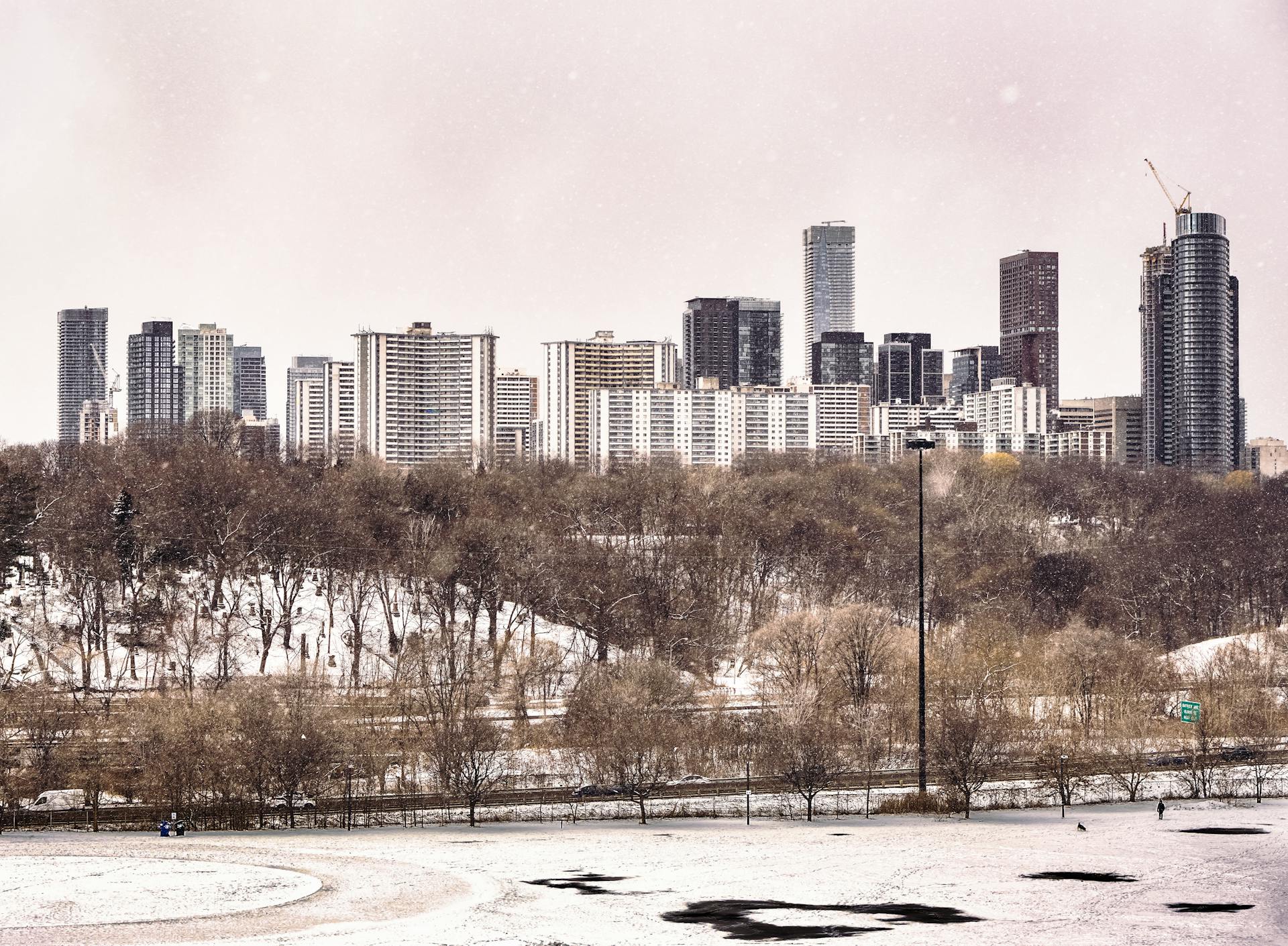 Aerial view of Toronto skyline during winter with a snowy park in the foreground.