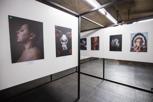 Explore a striking art exhibition featuring diverse portrait photography on display.