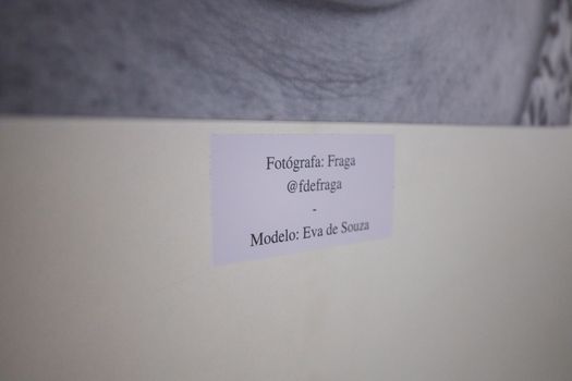 Label detailing photographer and model under a framed photograph.