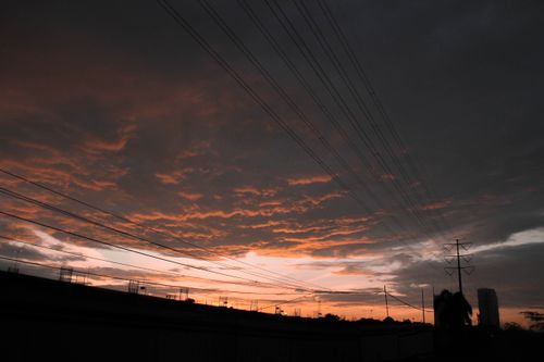 Free A striking sunset in West Java, Indonesia, silhouetted by electric wires, creates a dramatic urban skyline. Stock Photo