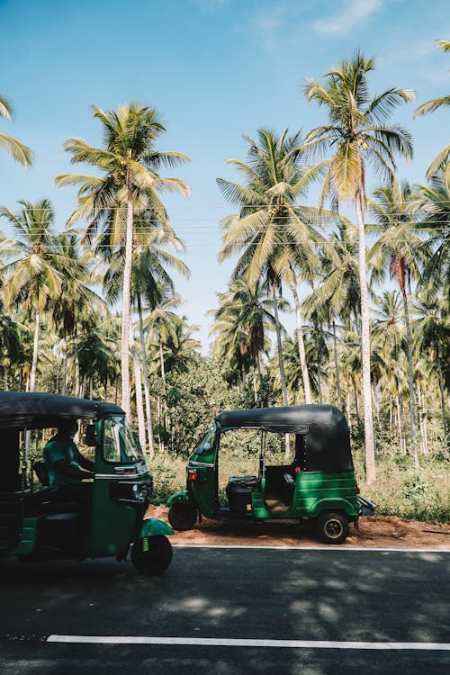 A Green Auto Rickshaws on a Road Near Palm Trees