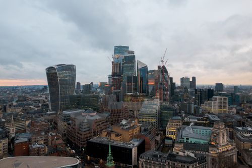 Free A panoramic view of London's iconic skyline featuring modern skyscrapers and the cityscape at dusk. Stock Photo