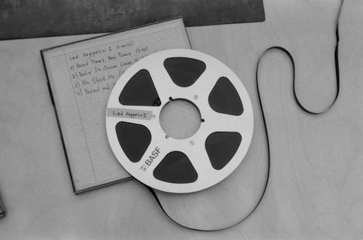A black and white photo of a vintage BASF reel-to-reel tape with Led Zeppelin tracklist.
