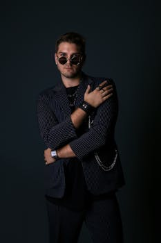 Fashionable man in dark pinstripe blazer, wearing sunglasses and accessories, posing confidently.