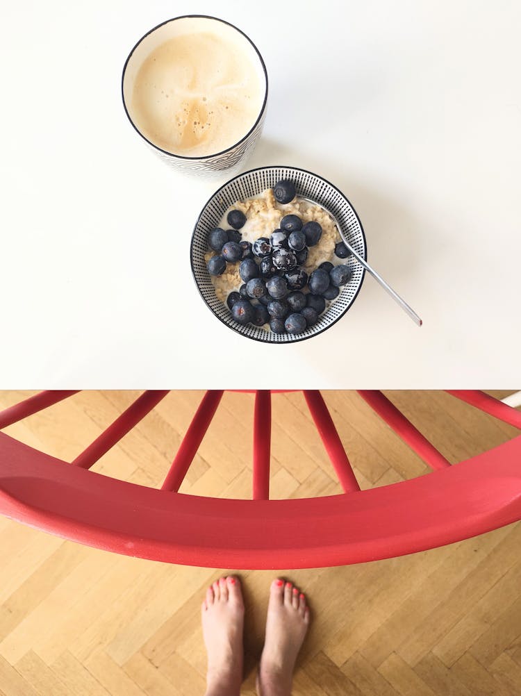 Overhead Shot Of A Bowl With Oatmeal And Blueberries