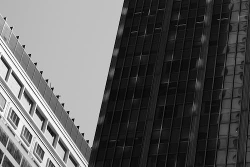 Grayscale Photo of a Glass Wall Building