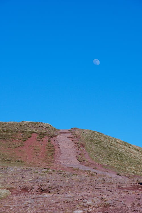 Moon Against a Clear Blue Sky Over a Hilltop Footpath