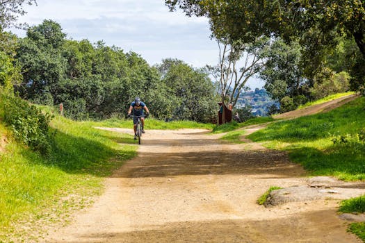 A cyclist wearing a helmet rides on a dirt trail surrounded by lush greenery and trees.