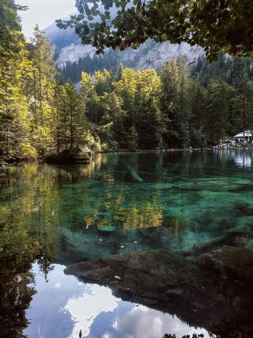 Free Serene lake surrounded by lush green forest in Kandergrund, Switzerland, reflecting clear sky. Stock Photo