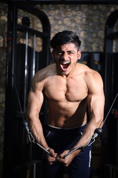 Shirtless man performing cable exercises, demonstrating strength and masculinity in a gym.
