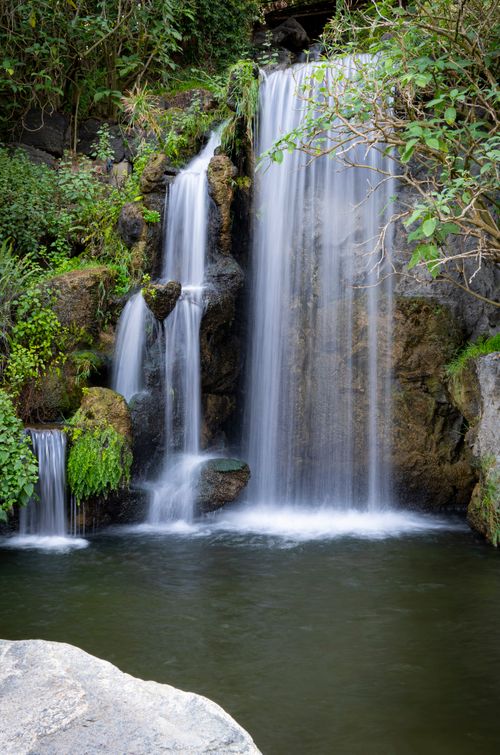Free A tranquil waterfall in lush greenery in Arcadia, CA, USA, perfect for nature and tranquility themes. Stock Photo