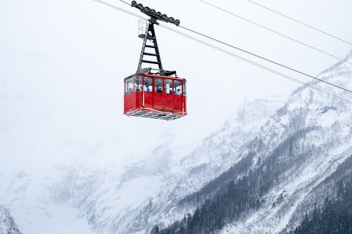 A Red Cable Car Descending from the Mountain