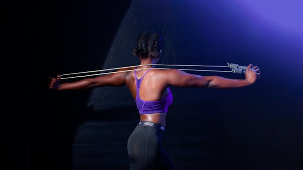 Back view of woman using a jump rope during workout, emphasizing fitness and strength.