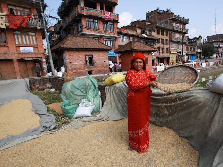 Woman Filtering Cereal On Street