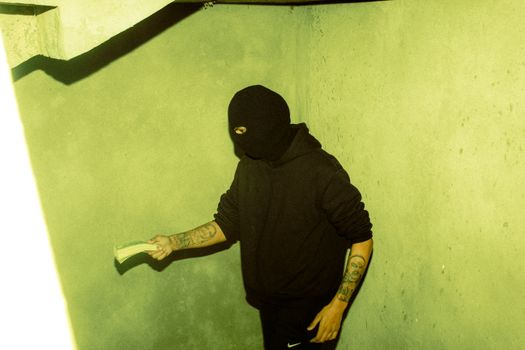 Person Holding Paper Bills Wearing Black Robber Mask and Hoodie Jacket