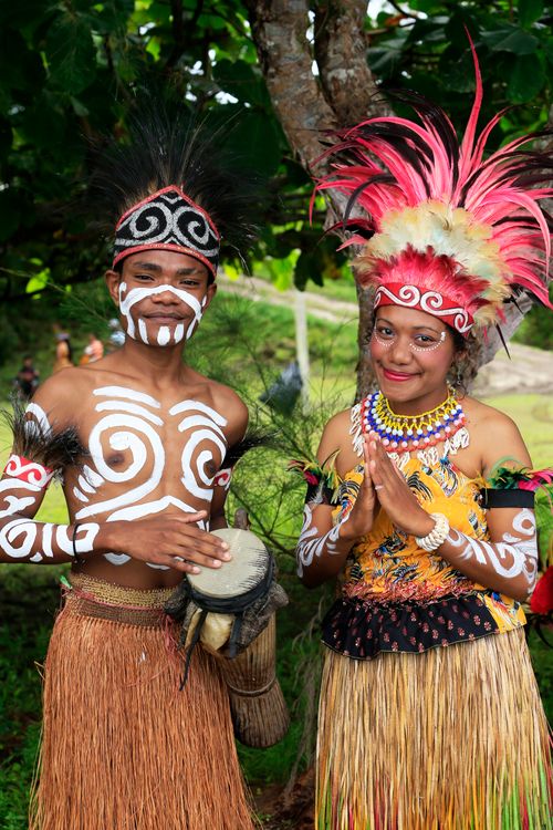 Free Papuan individuals in vibrant traditional attire celebrating their cultural heritage outdoors. Stock Photo
