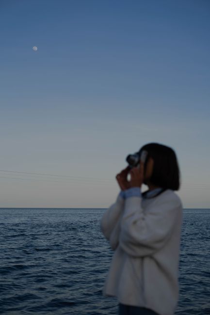 Silhouette of a woman taking a photo of the ocean under the moonlight at dusk.