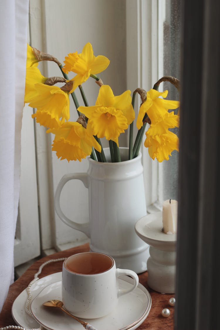 Cup Of Coffee And Daffodils In A White Beer Stein