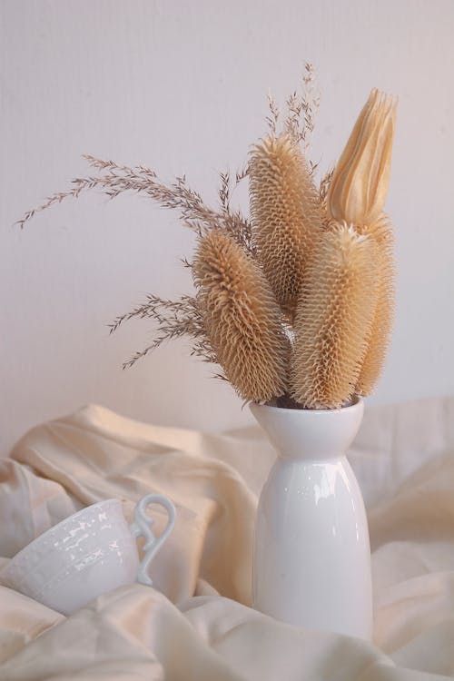 Brown Flowers in White Flower Vase