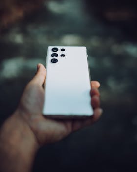 A selective focus image showcasing a white smartphone held by a hand against an outdoor background.