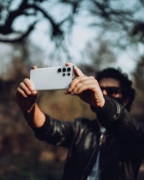 Man capturing a selfie using a smartphone in a sunny outdoor setting, wearing a jacket and sunglasses.