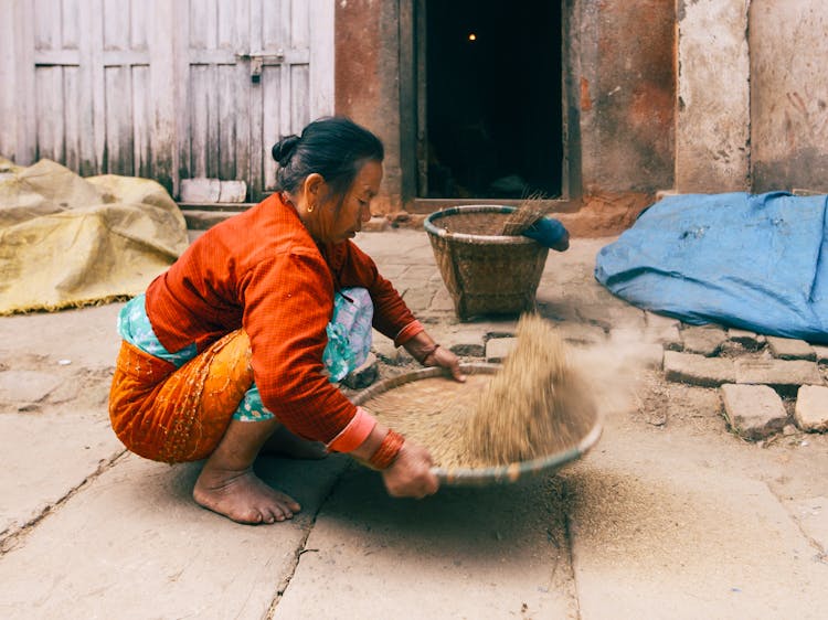 Woman Crouching And Sifting Grain In Backyard