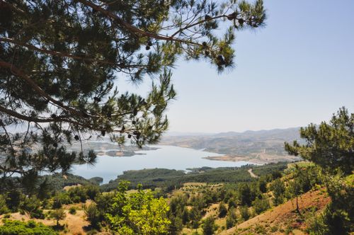Free Breathtaking view of a mountainous landscape with a lake surrounded by lush greenery. Stock Photo