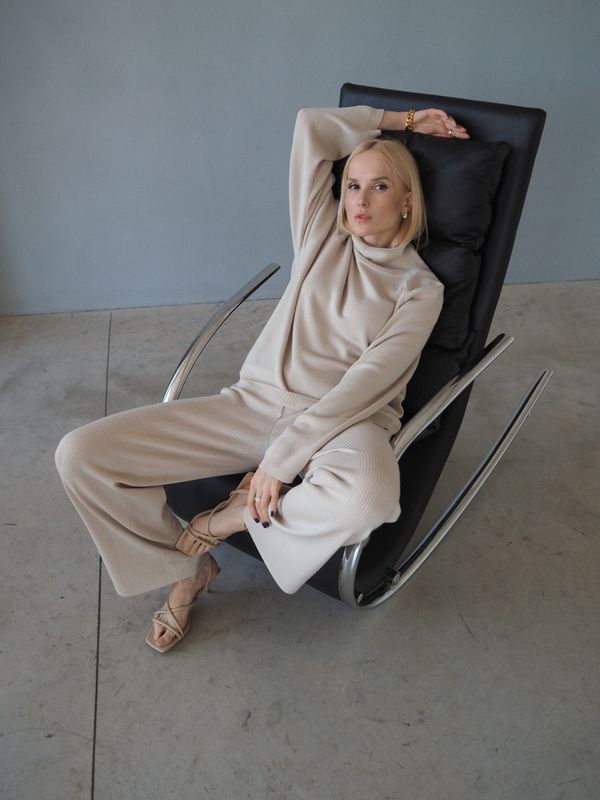 Woman wearing a matching knit set under $50
