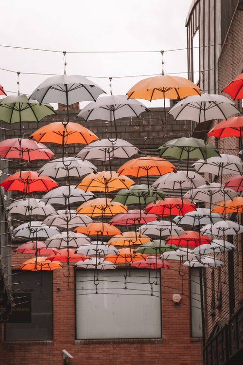 Free Colorful umbrellas hang decoratively above a narrow alley in Dublin, Ireland. Stock Photo