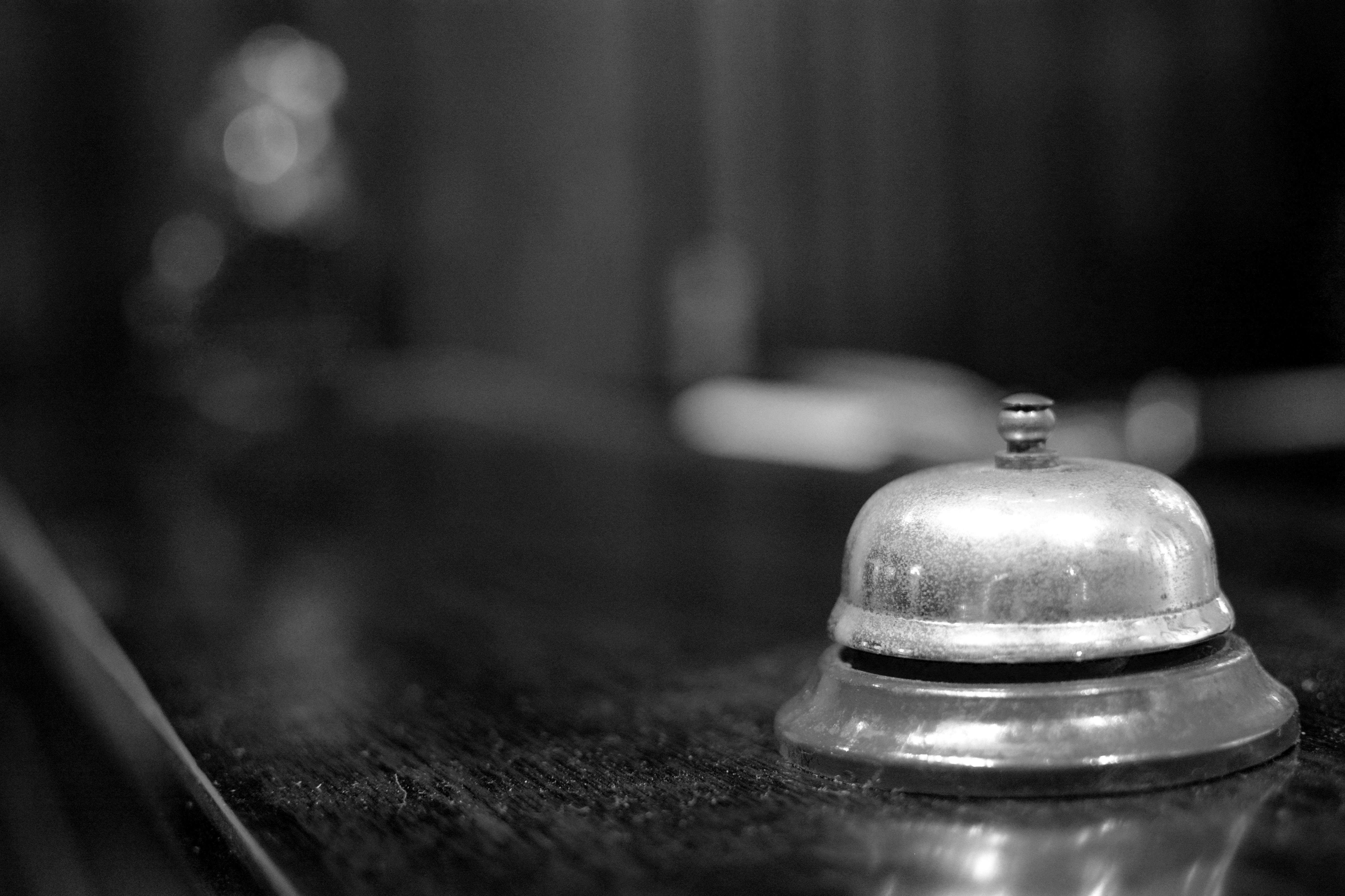 Free stock photo of bell, black and white, desk