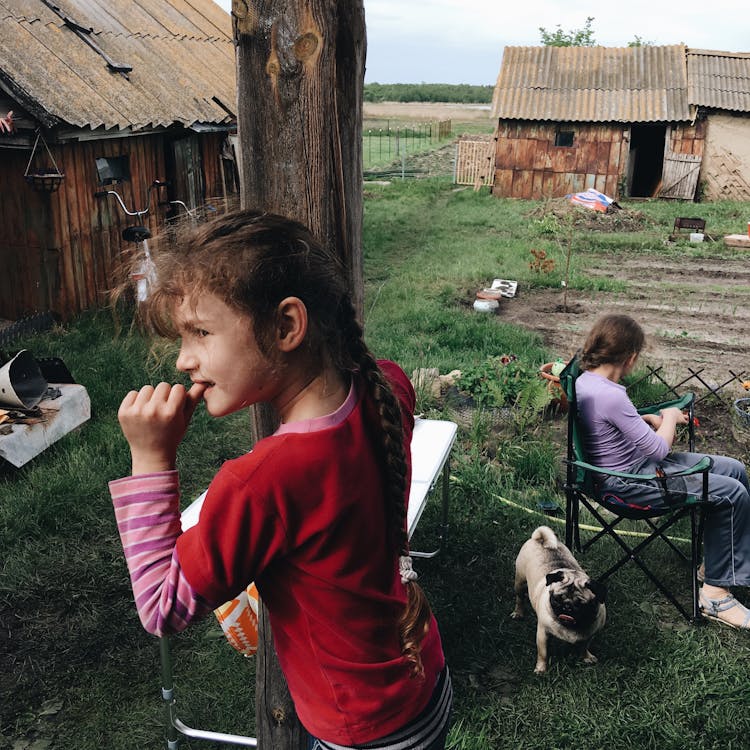 Girls With Pug In Old Farm