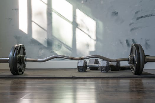 Barbell and dumbbells indoors on a gym mat with sunlight streaming through the window.