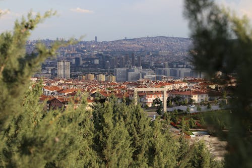 Aerial View of Cityscape with Red Roofs on Buildings