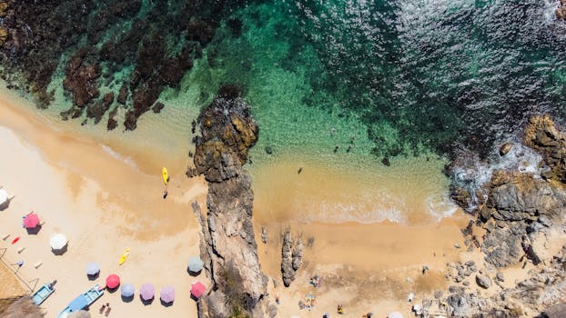Drone shot of Estacahuite Beach, showcasing vibrant waters and beach activities. Perfect for summer travel.