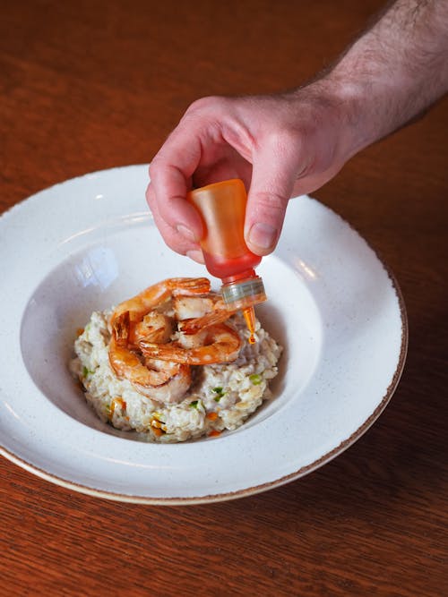 Free Shrimps and Rice on the Plate  Stock Photo