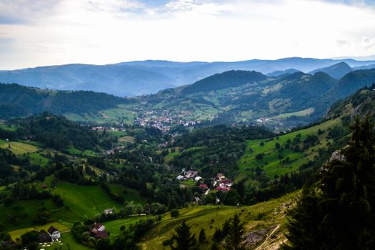 Idyllic aerial view of a lush green valley with mountains in the background.