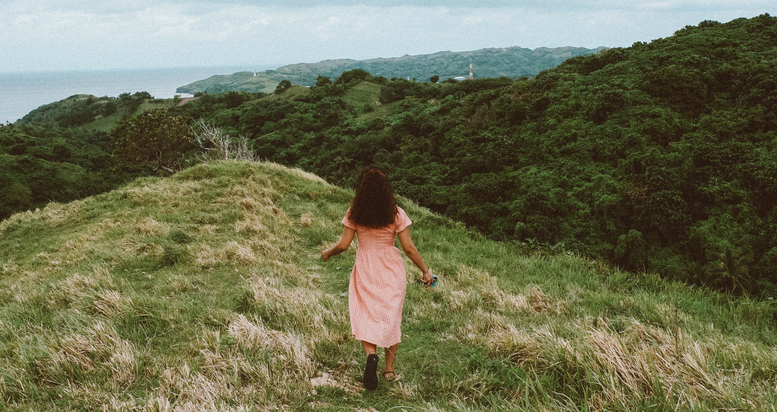 Back View of a Woman in Pink Dress Walking on Grass Field near Green ...