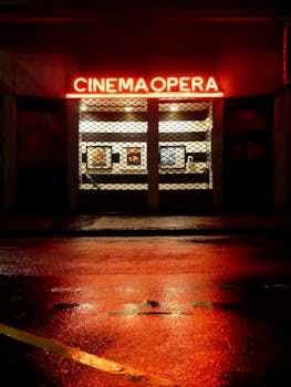 A neon-lit entrance of Cinema Opera against wet streets in Lyon at night.
