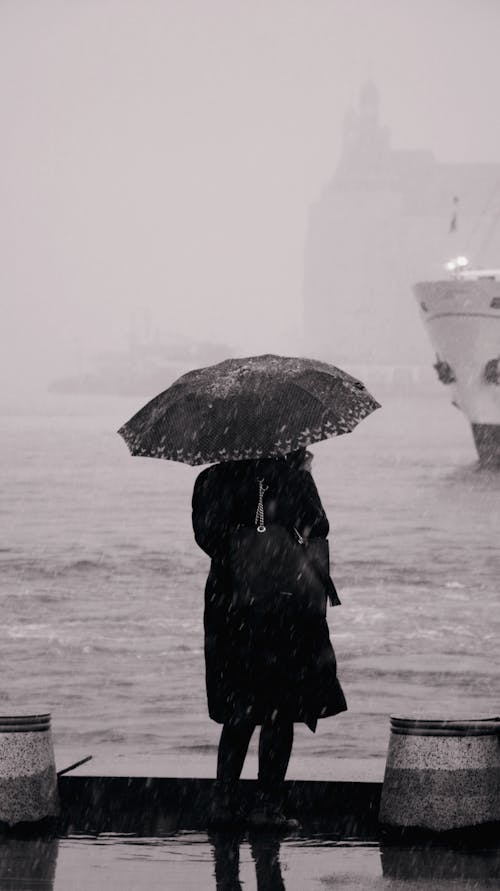 Woman with an Umbrella Standing on a Pier