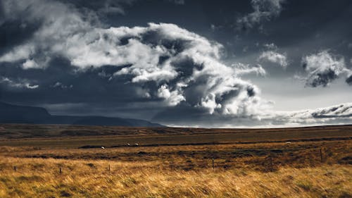 Dramatic Sky Over a Field and Mountains