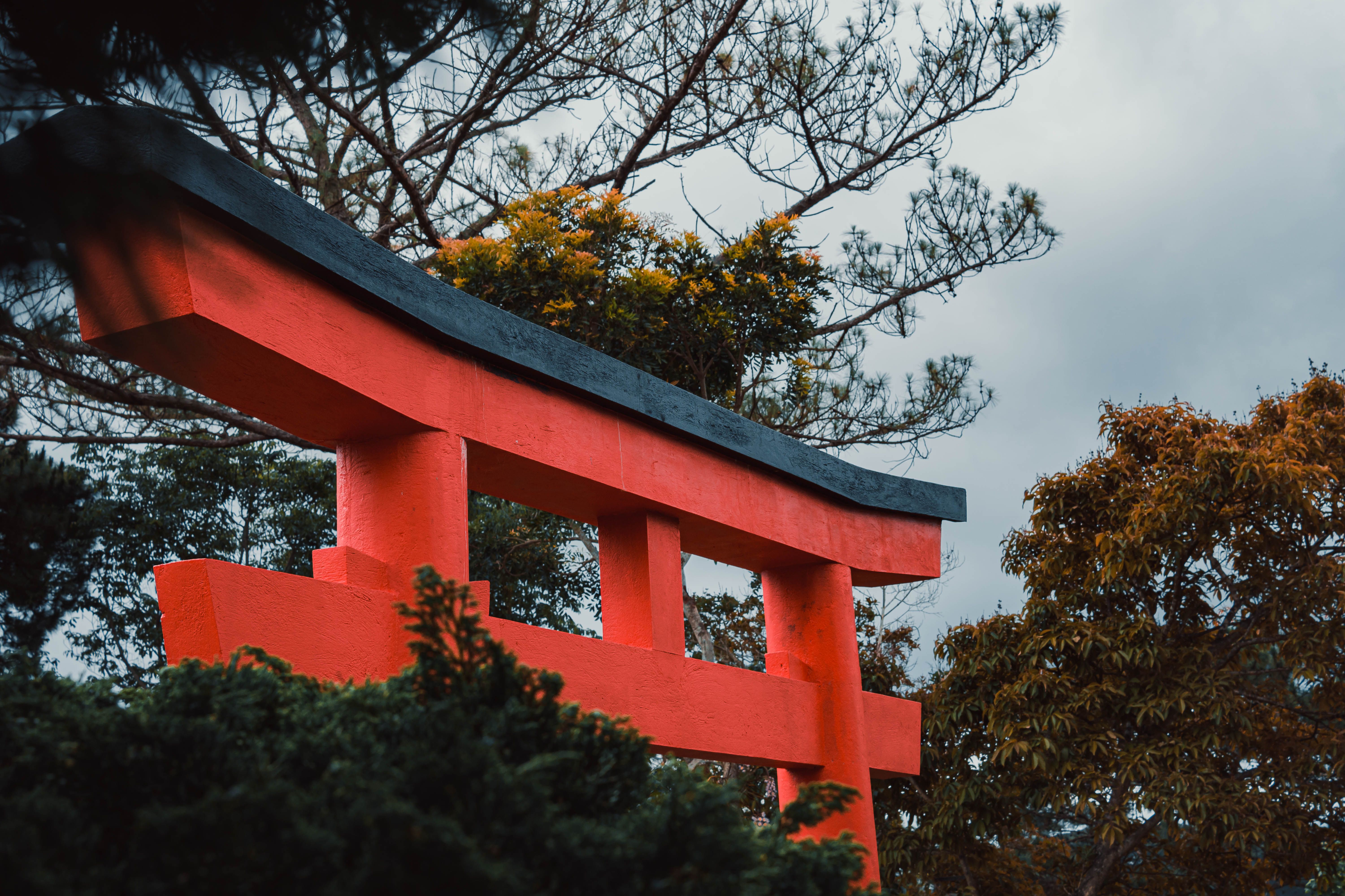 Impressionnant portail Torii rouge contre une végétation luxuriante et un ciel nuageux dans un cadre extérieur serein.