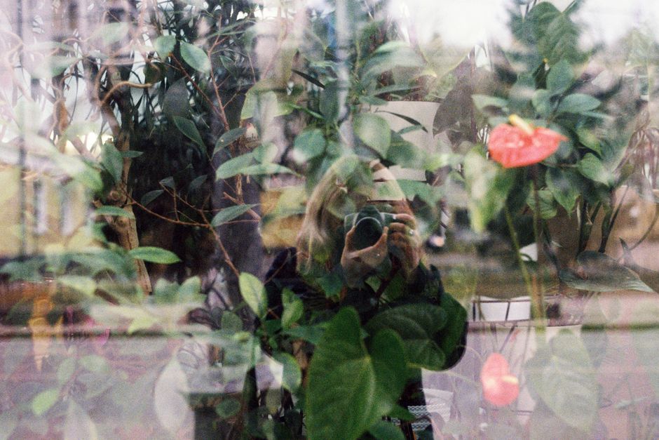 Creative reflection photograph of a person behind a glass window with plants.