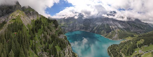 alp, dağ gölü, drone kamerası içeren Ücretsiz stok fotoğraf