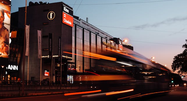 A dynamic view of moving traffic at dusk along the streets of Riga, Latvia.