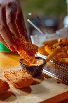 Close-up of chicken nuggets and fries being dipped in sauce. Unhealthy fast food snack.