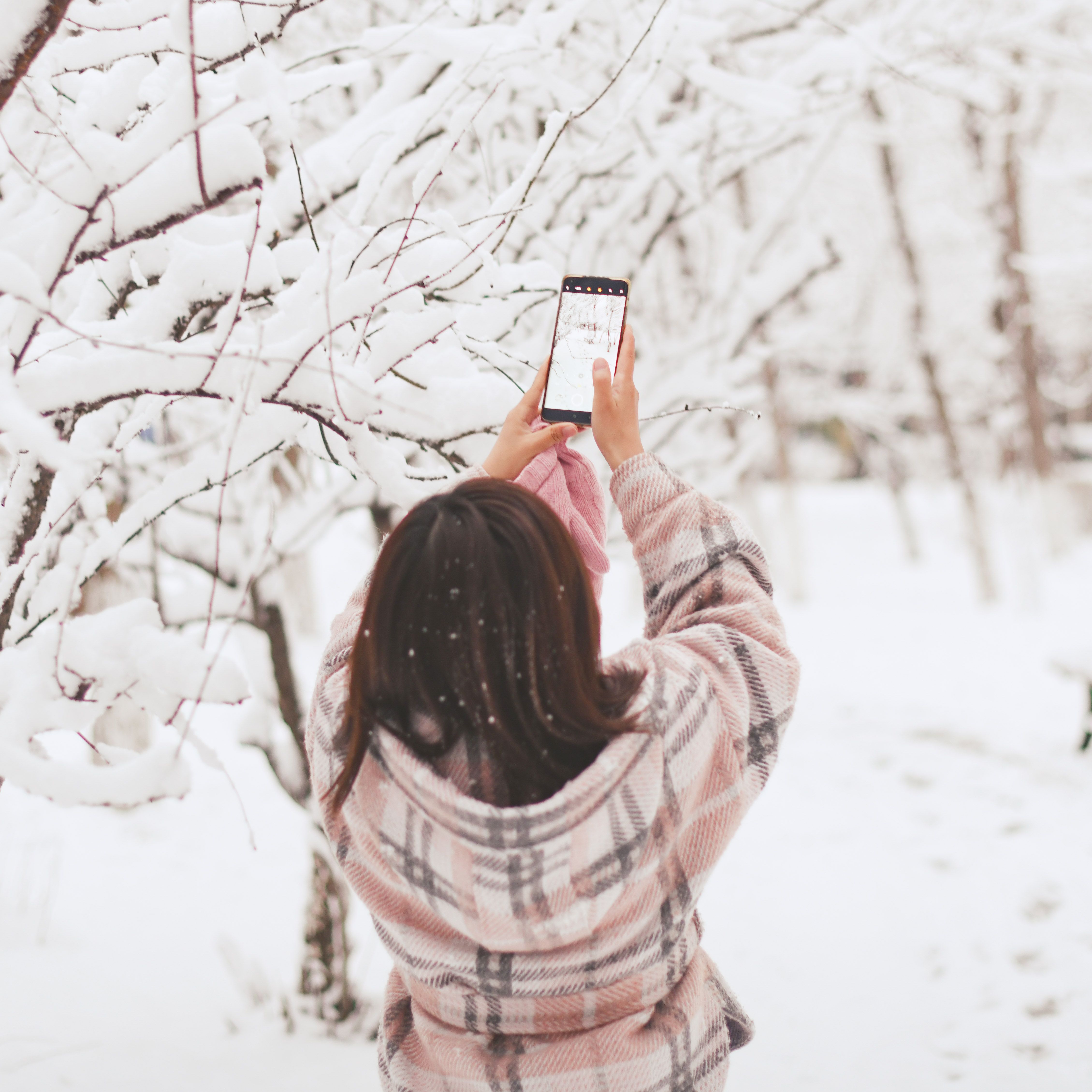 A Woman Taking a Picture with Her Smartphone during Winter